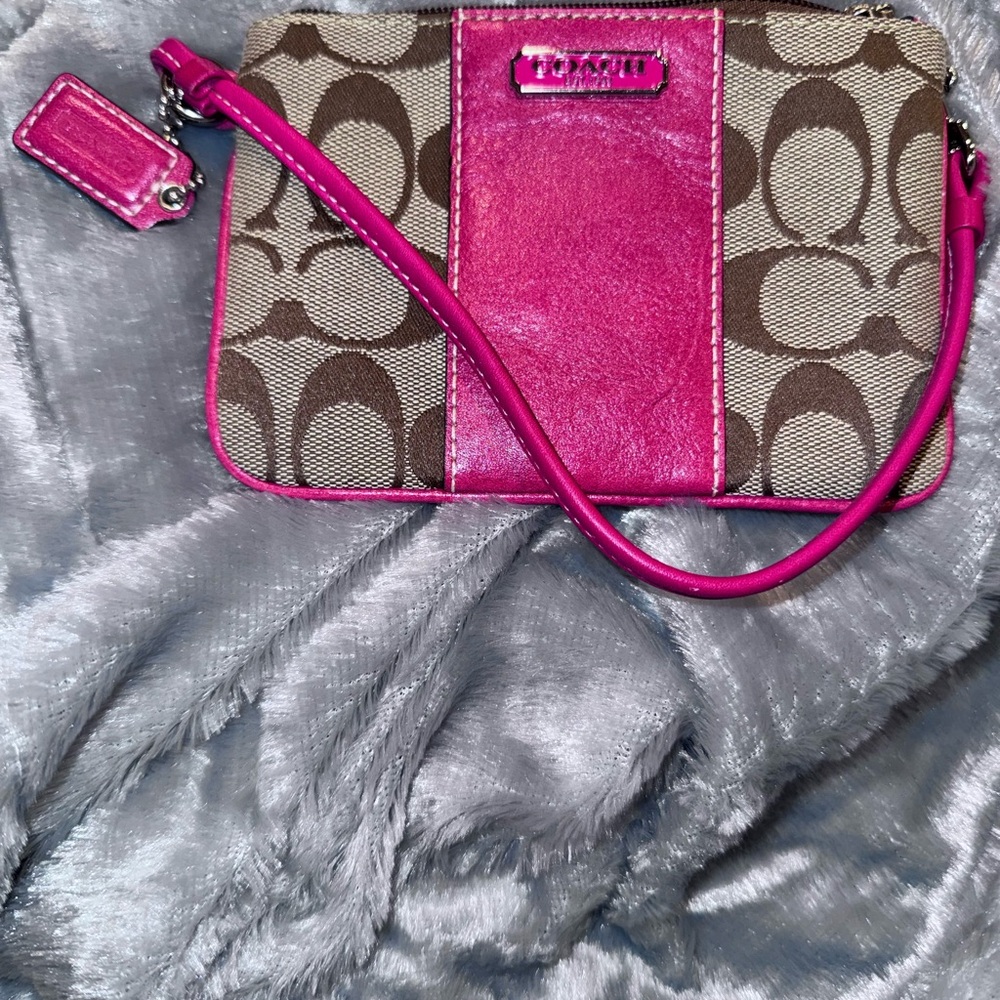 Coach Brown Signature Canvas Wristlet with Hot Pink Trim